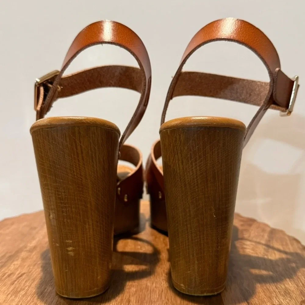 Limelight April Platform Sandals Womens 7M Cognac Brown Faux Wood Block Heel